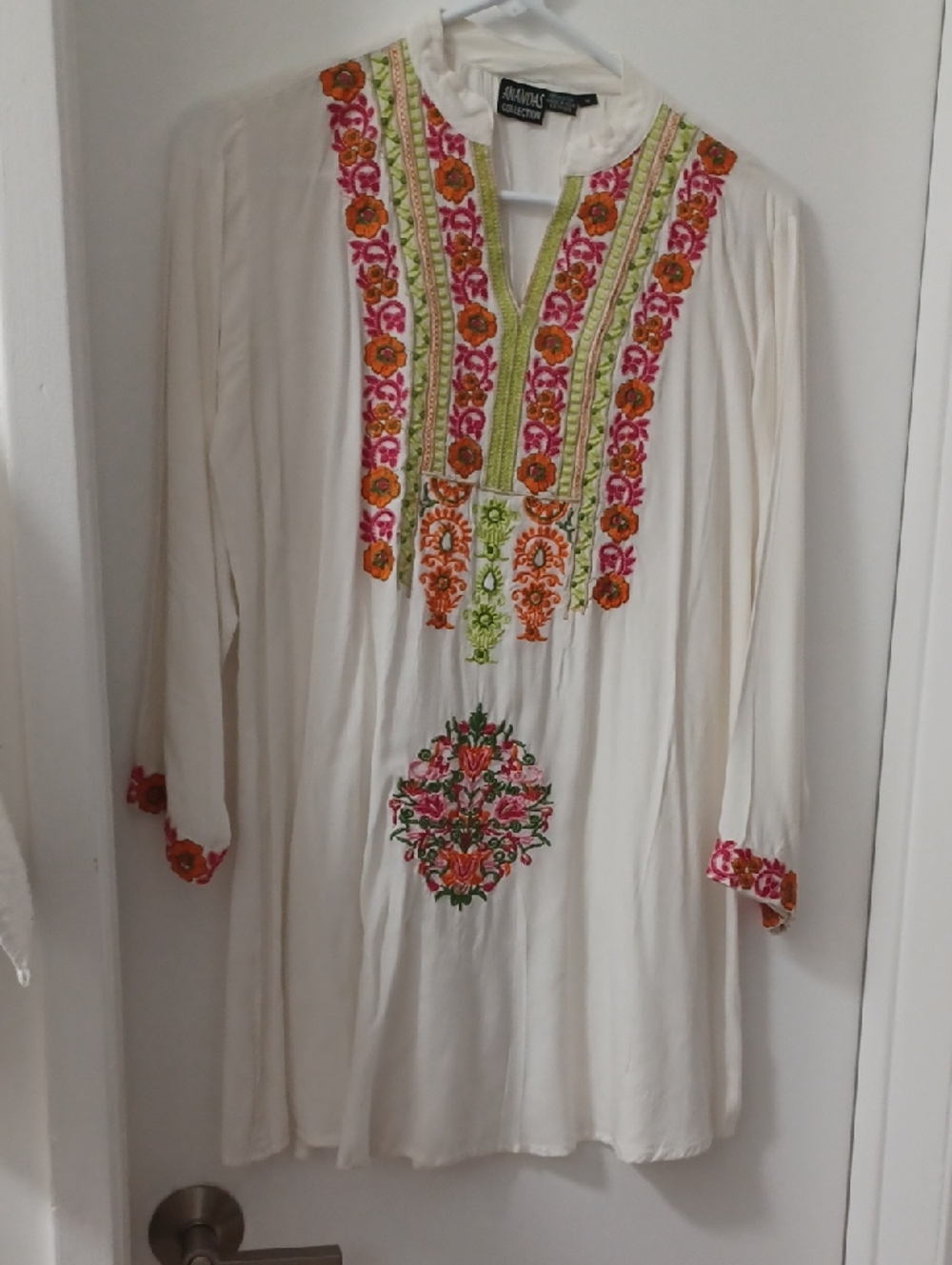 Anandas Cotton-Blend Embroidered White Tunic Dress - Pink & Orange Floral